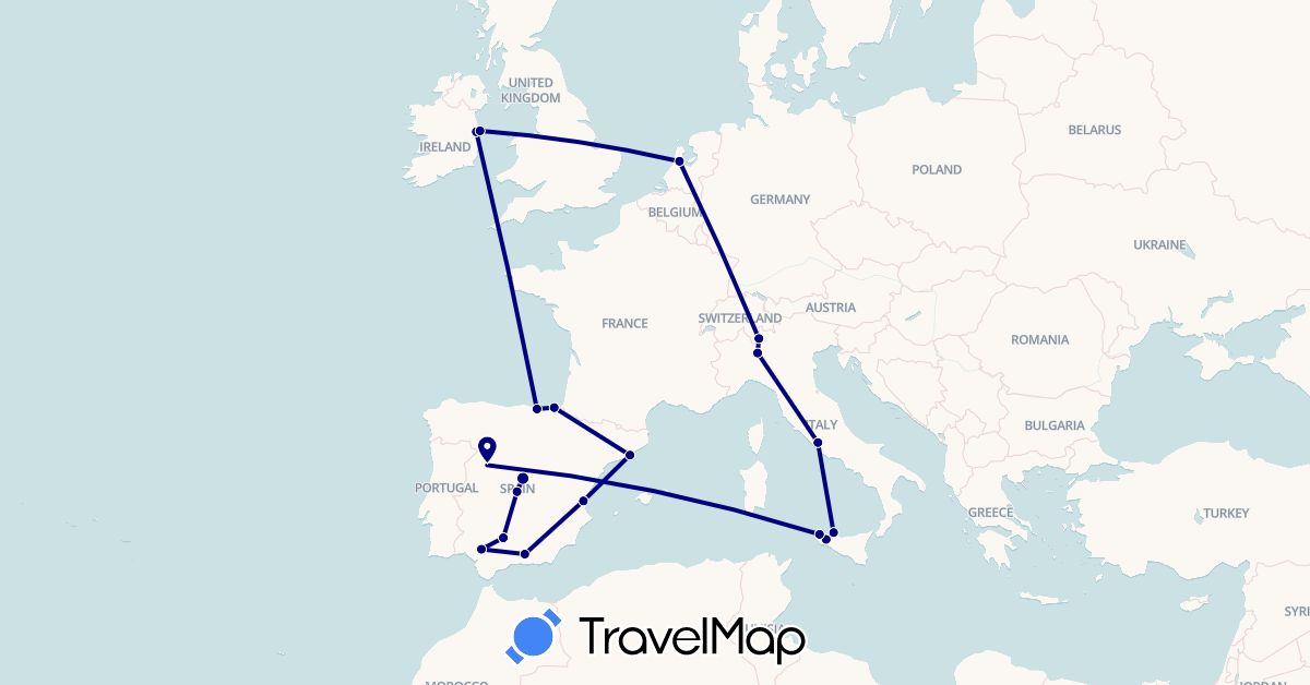 TravelMap itinerary: driving in Spain, Ireland, Italy, Netherlands (Europe)